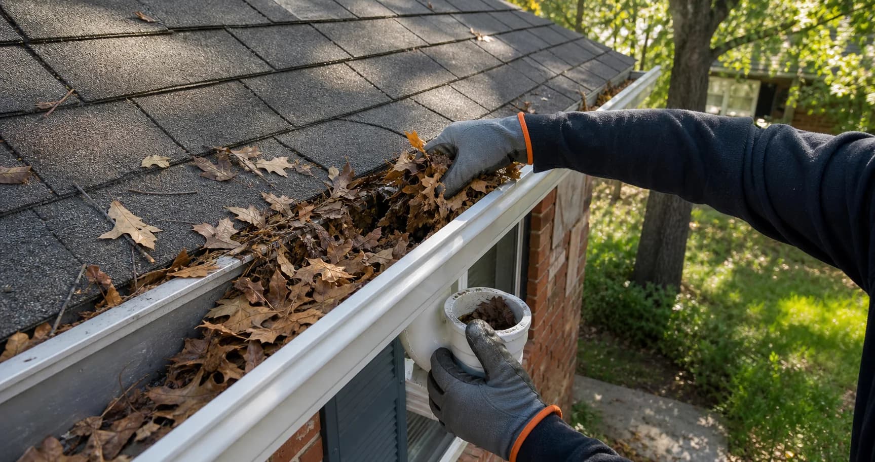 Professional removing leaves and debris during gutter cleaning