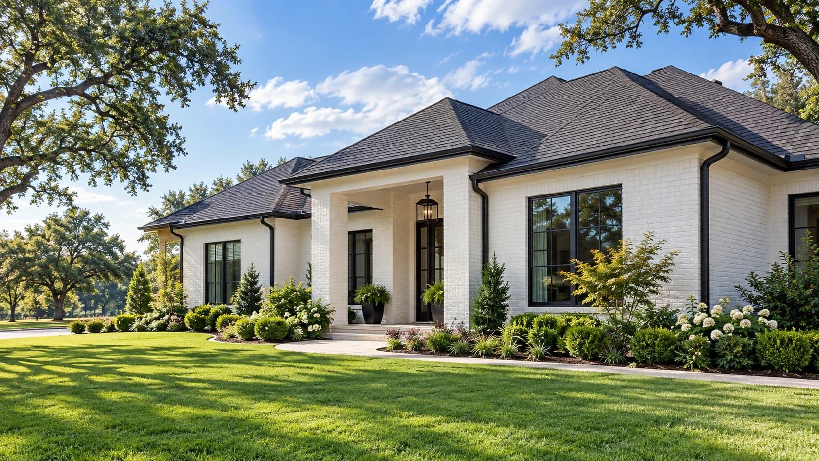 Illustrative North Texas white brick home with black seamless gutters