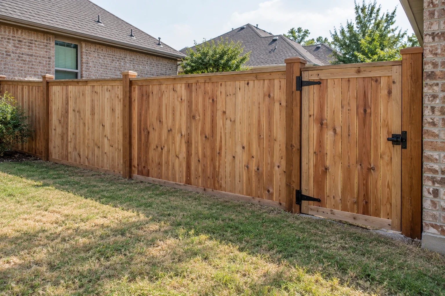 Illustrative cedar privacy fence and gate in a North Texas yard